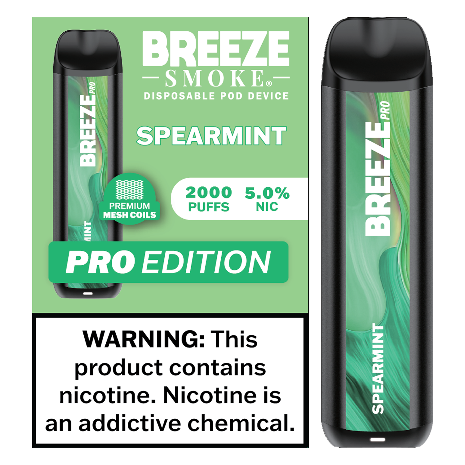 Spearmint - Breeze Pro 2000 Puffs - 5% NIC - Disposable Vape